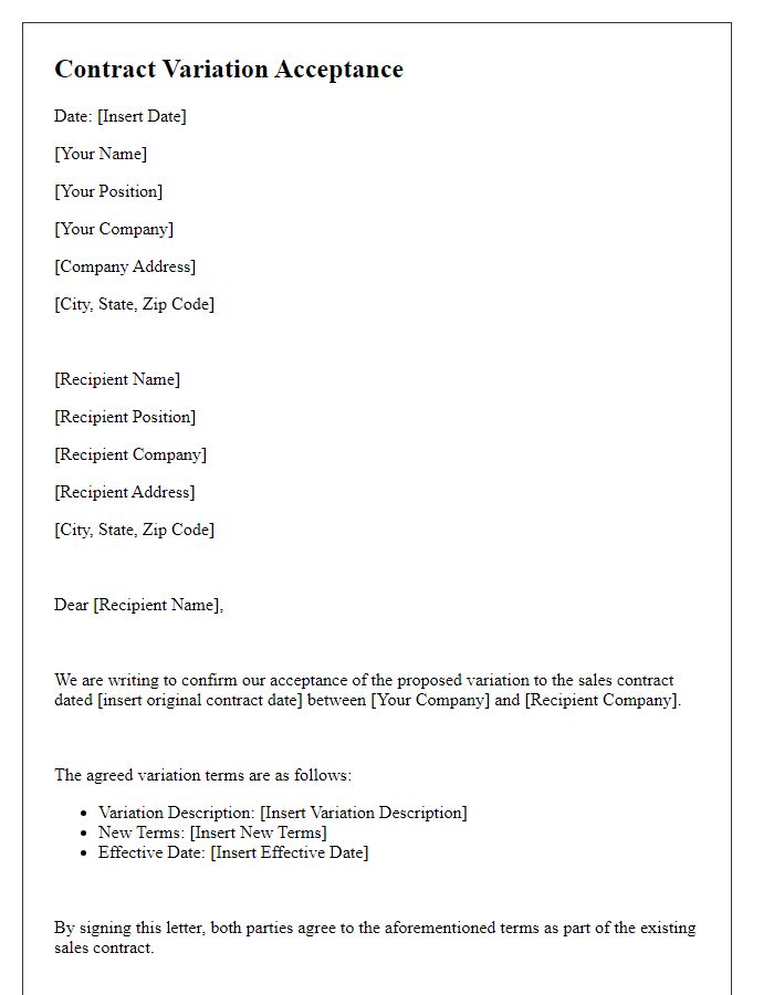 Letter template of contract variation acceptance for sales contracts.