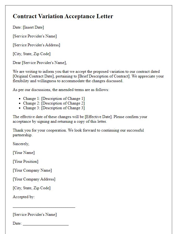 Letter template of contract variation acceptance for service providers.