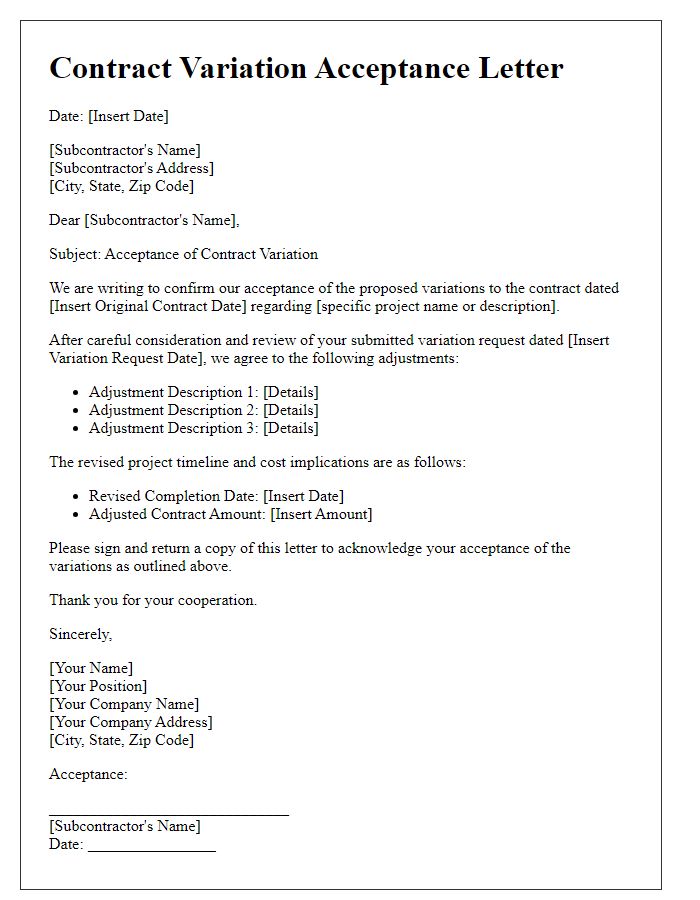 Letter template of contract variation acceptance for subcontractor adjustments.