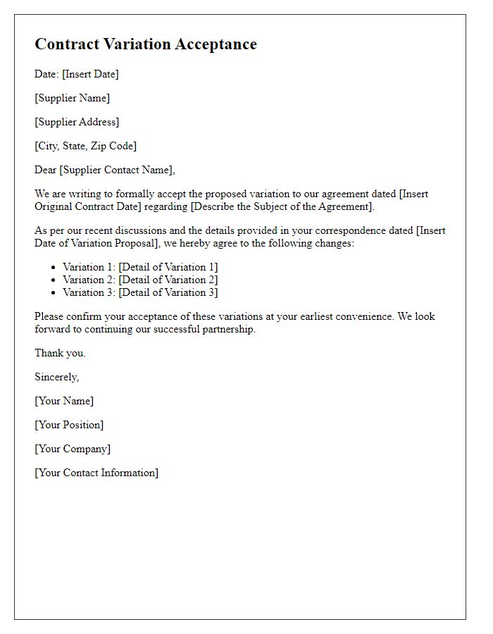 Letter template of contract variation acceptance for supplier agreements.