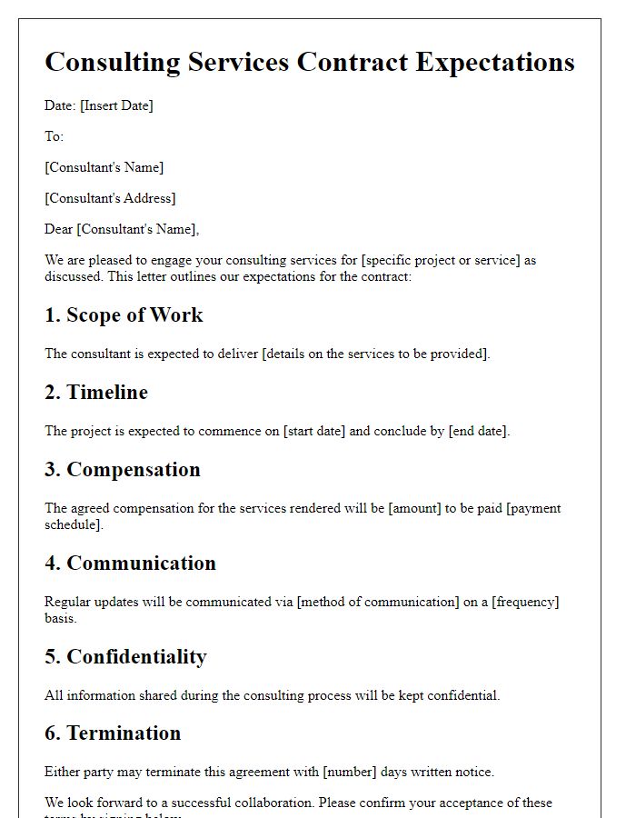 Letter template of contract expectations for consulting services