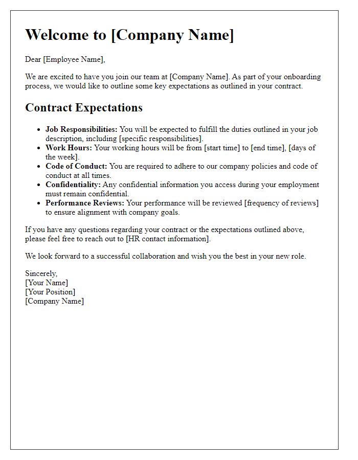 Letter template of contract expectations for employee onboarding