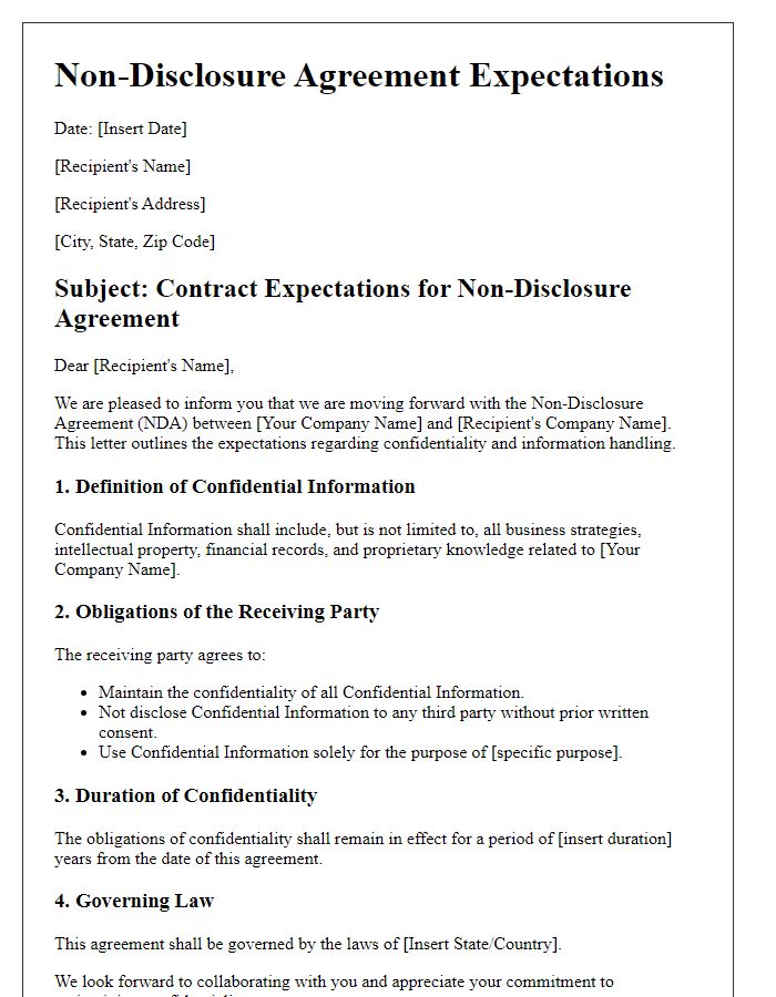 Letter template of contract expectations for non-disclosure agreements