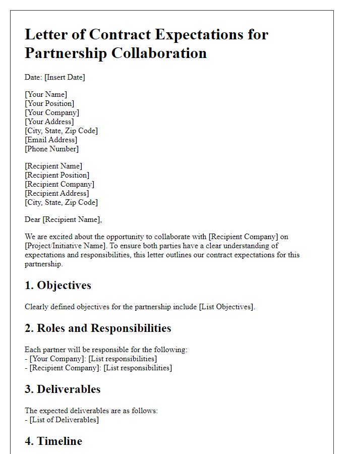 Letter template of contract expectations for partnership collaborations