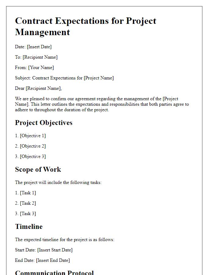 Letter template of contract expectations for project management