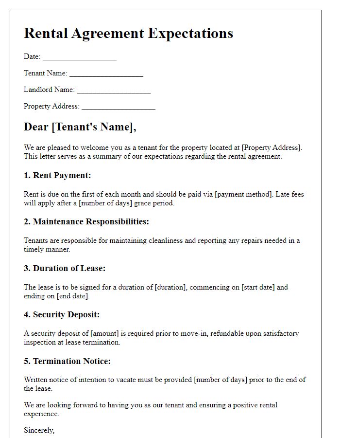 Letter template of contract expectations for rental agreements