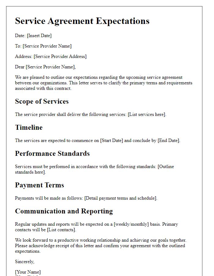 Letter template of contract expectations for service agreements