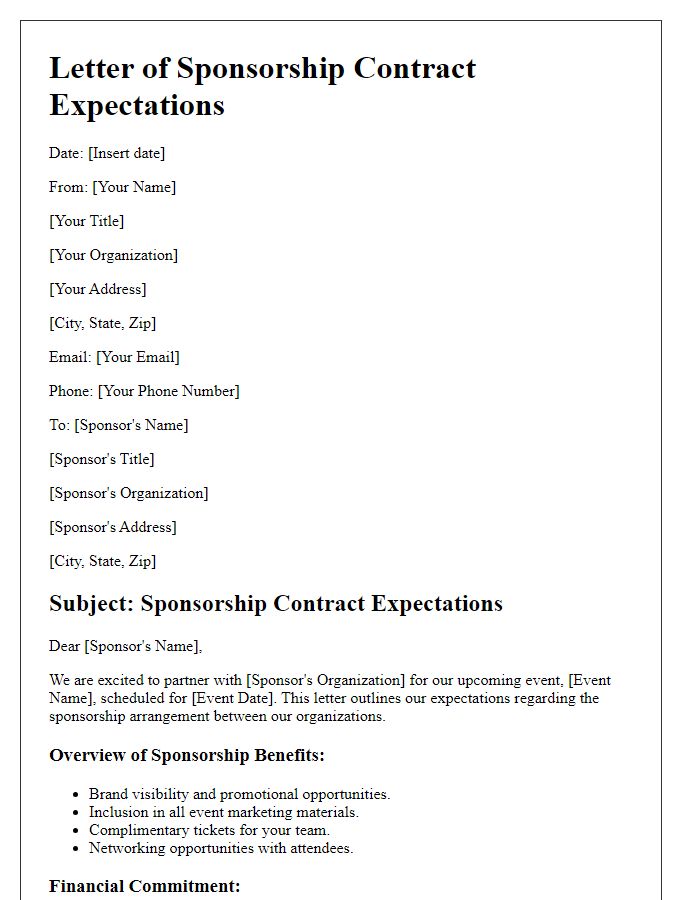 Letter template of contract expectations for sponsorship arrangements