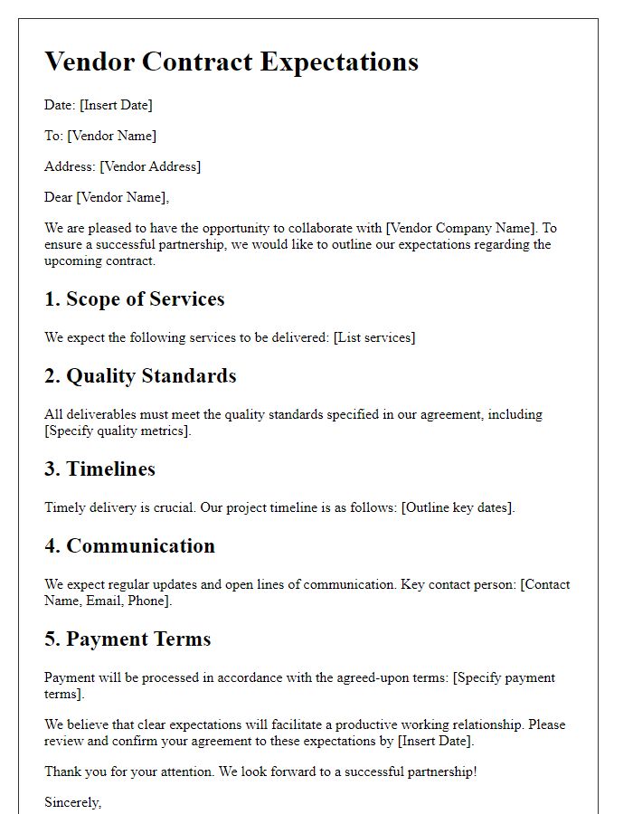 Letter template of contract expectations for vendor relationships