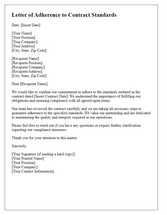 Letter template of adherence to contract standards