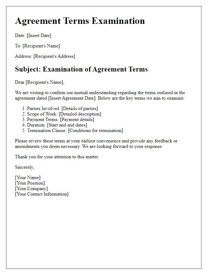 Letter template of agreement terms examination