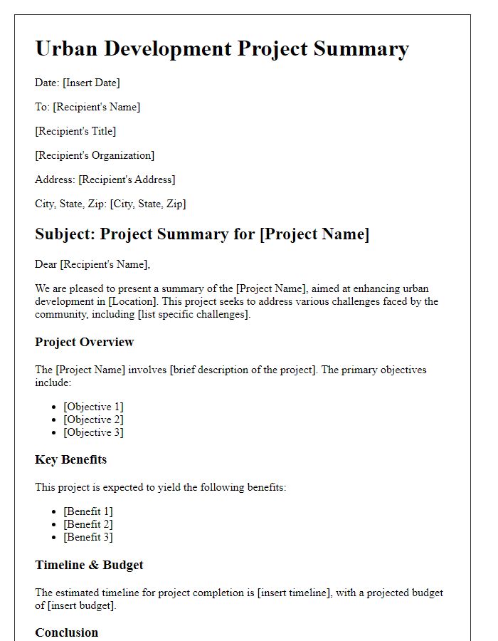 Letter template of urban development project summary