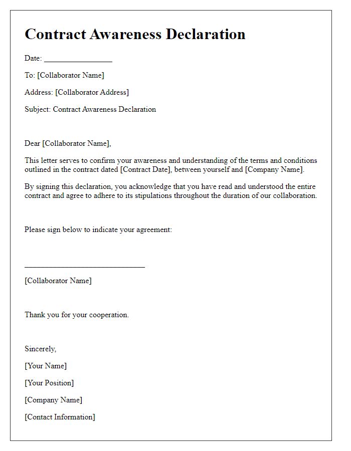 Letter template of contract awareness declaration for collaborators.