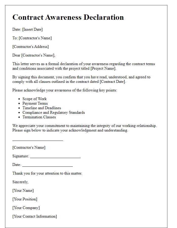 Letter template of contract awareness declaration for contractors.