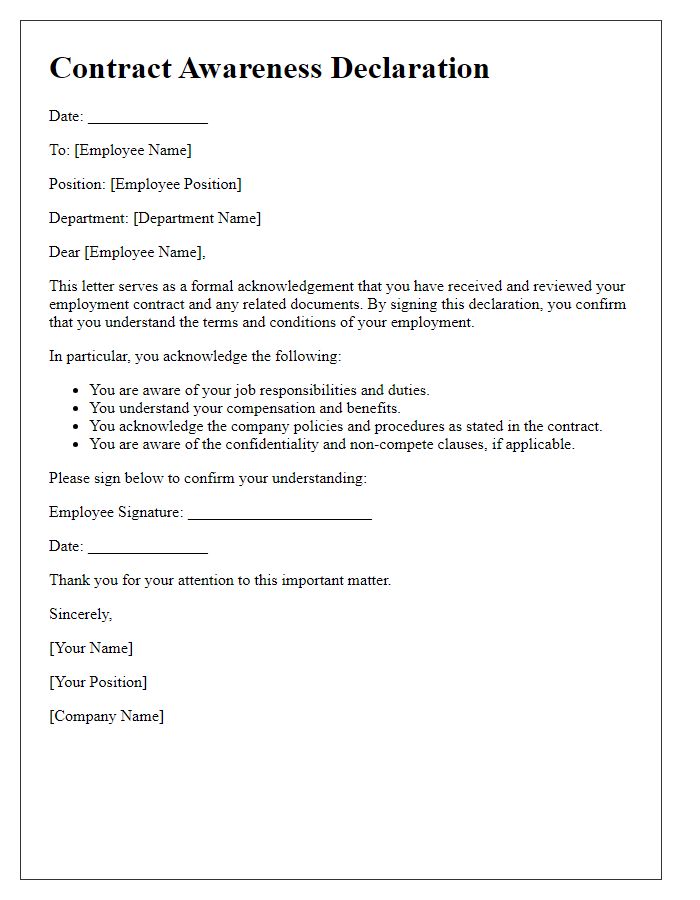 Letter template of contract awareness declaration for employees.