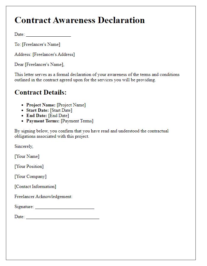 Letter template of contract awareness declaration for freelancers.