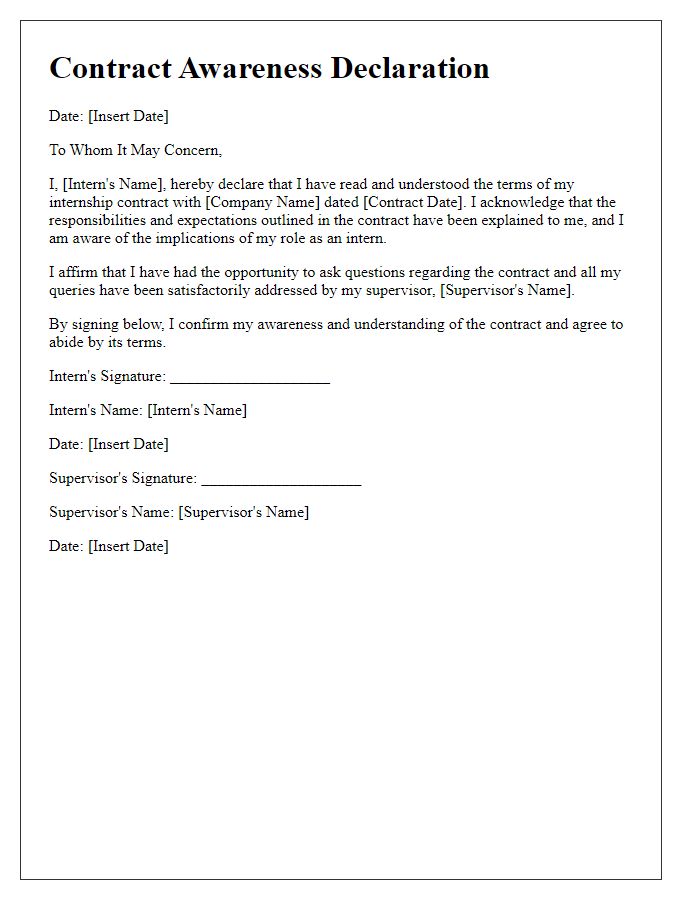 Letter template of contract awareness declaration for interns.