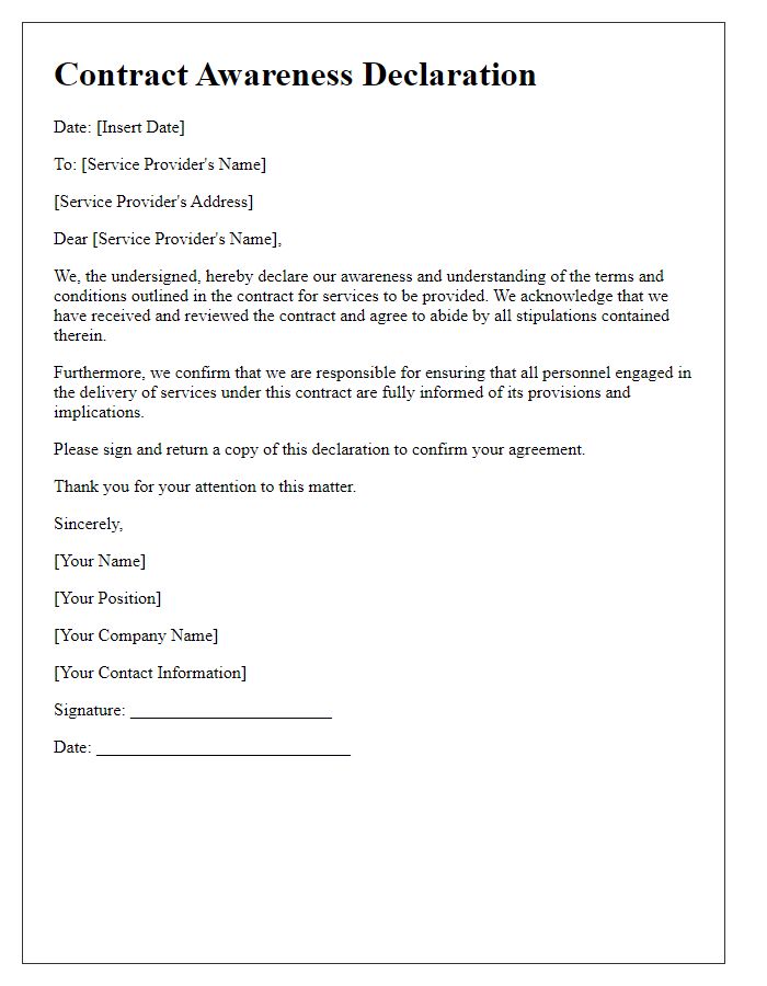 Letter template of contract awareness declaration for service providers.