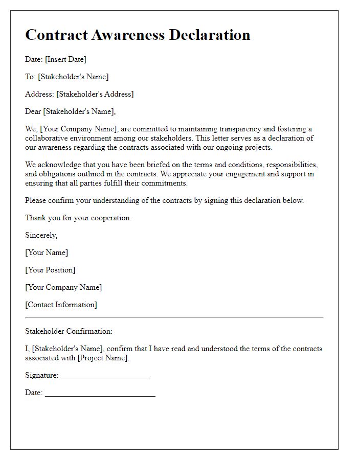 Letter template of contract awareness declaration for stakeholders.