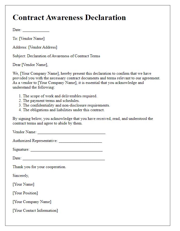 Letter template of contract awareness declaration for vendors.