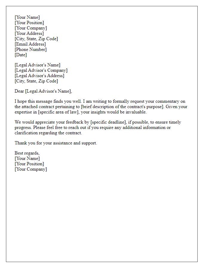 Letter template of contract commentary request for legal advisors.