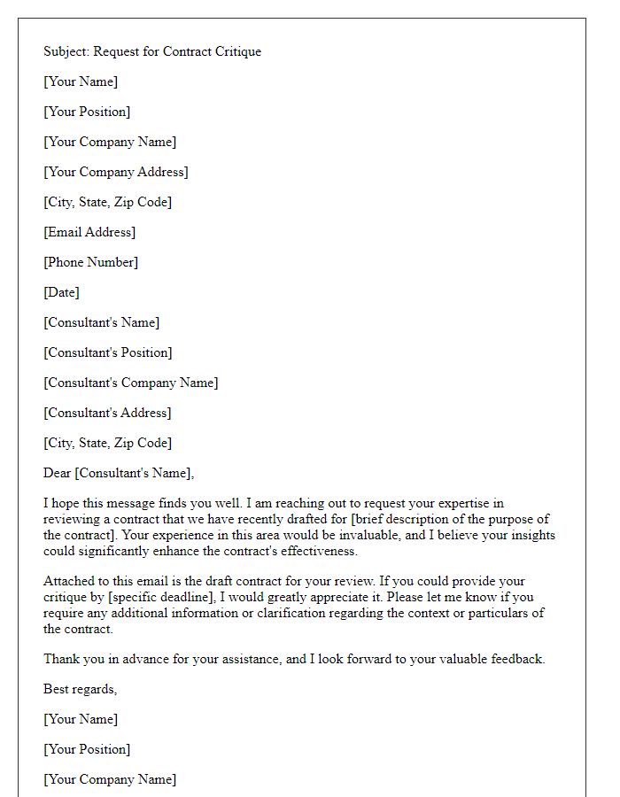 Letter template of contract critique request for external consultants.