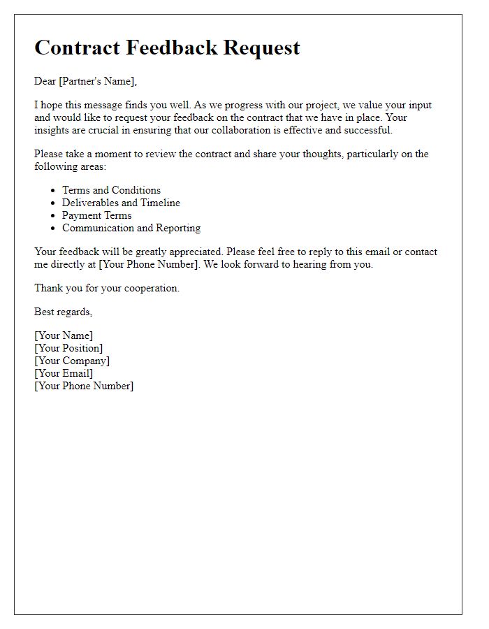 Letter template of contract feedback request for project partners.