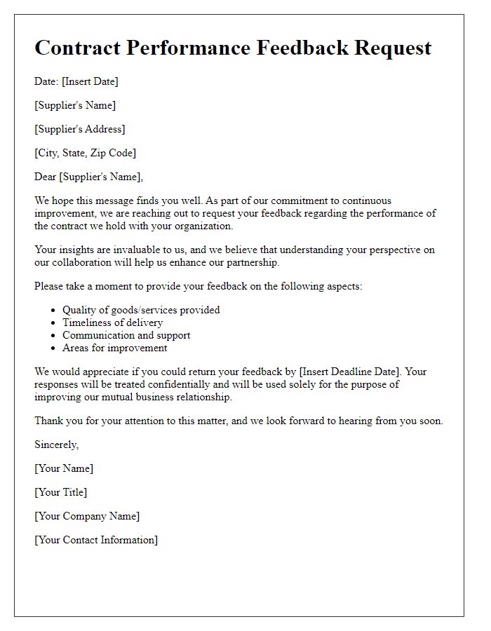 Letter template of contract performance feedback request for suppliers.