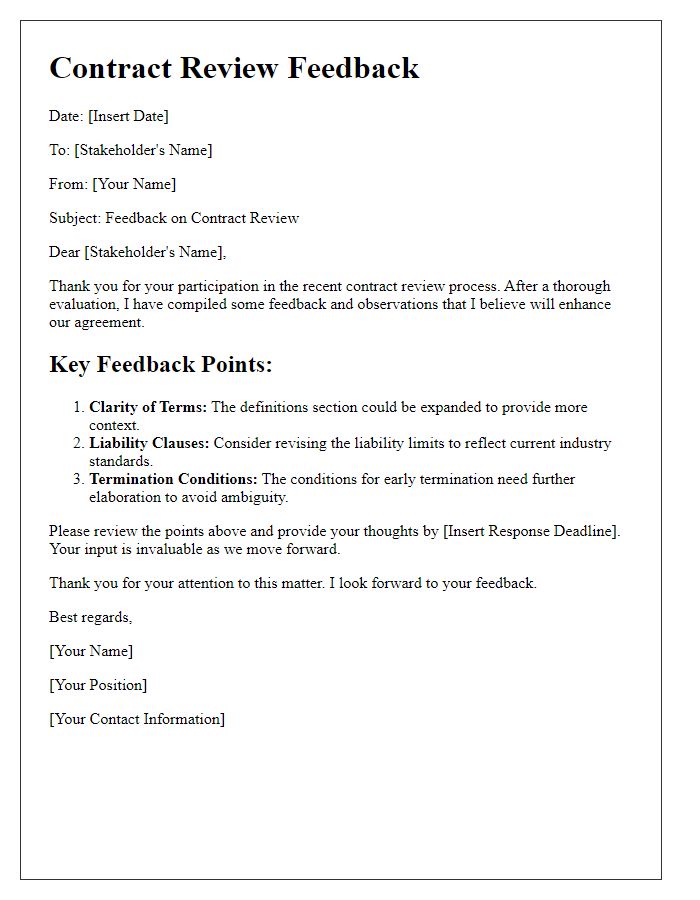 Letter template of contract review feedback for stakeholders.