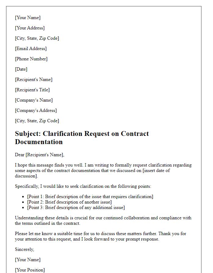 Letter template of contract documentation clarification request