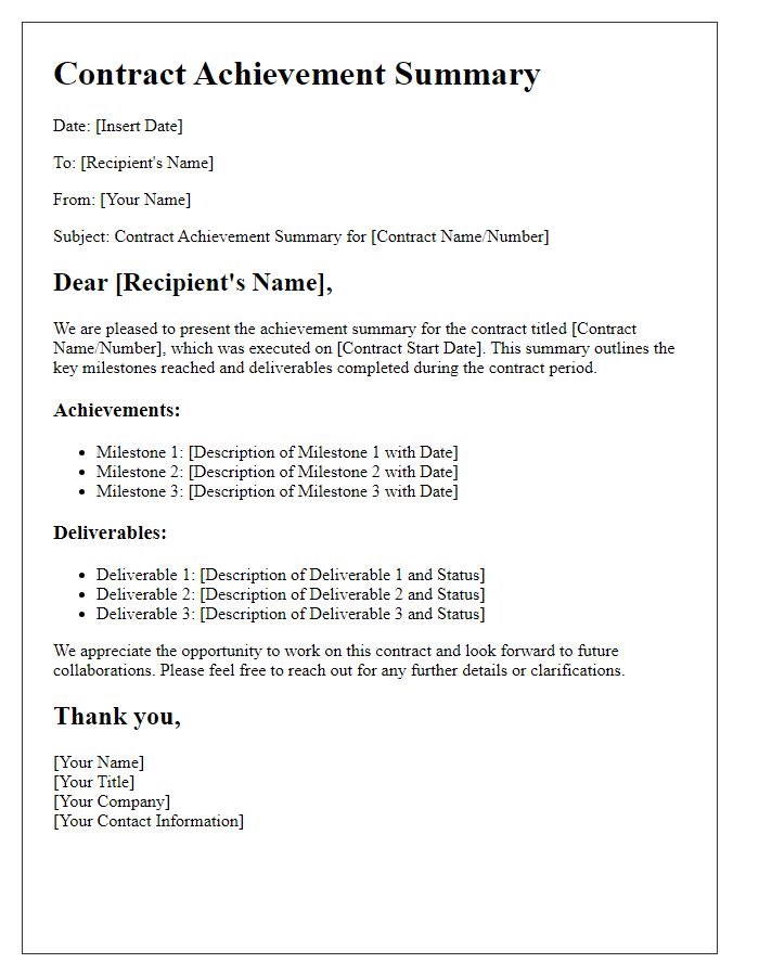 Letter template of contract achievement summary