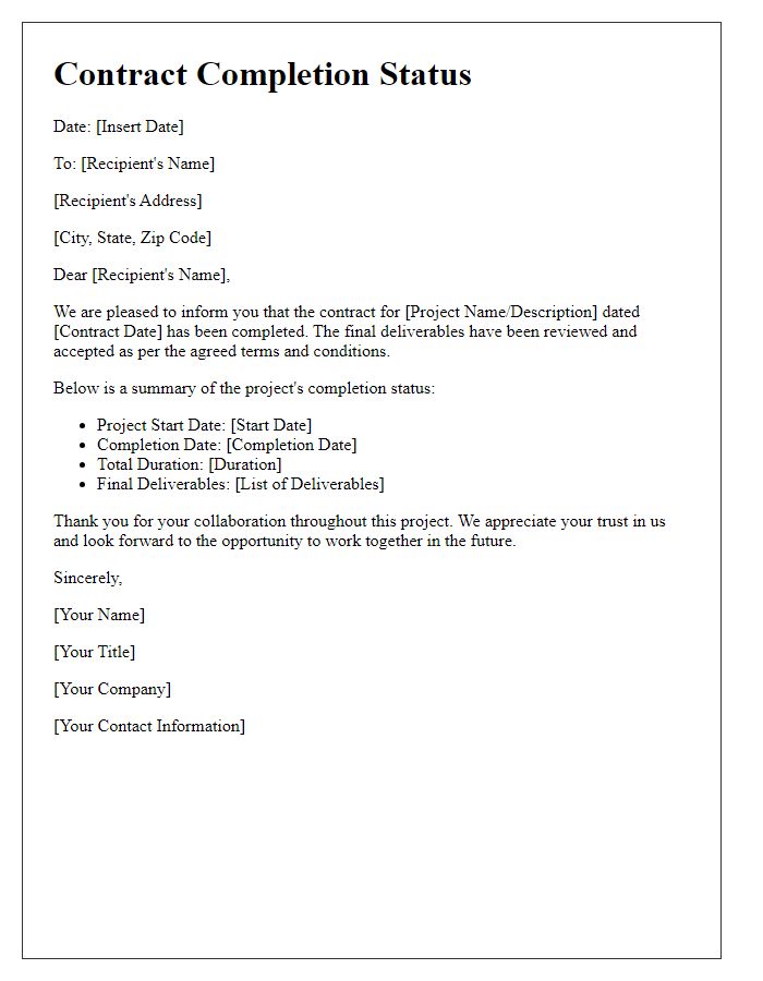 Letter template of contract completion status