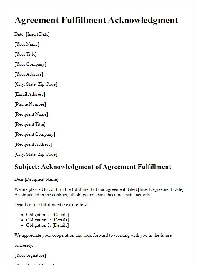 Letter template of agreement fulfillment acknowledgment