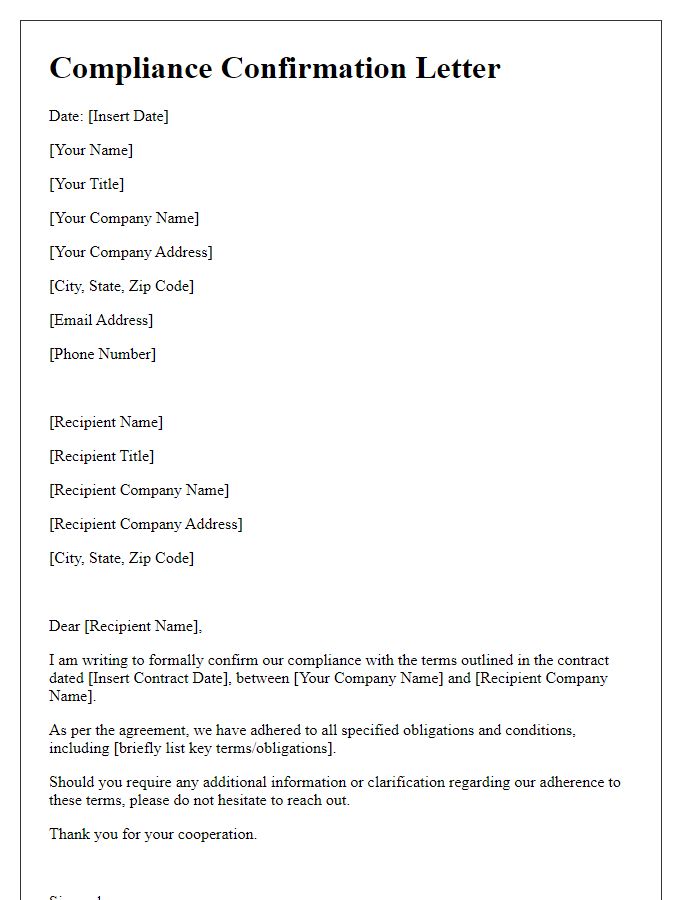 Letter template of compliance with contract terms