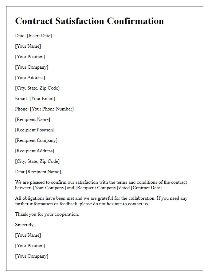 Letter template of contract satisfaction confirmation