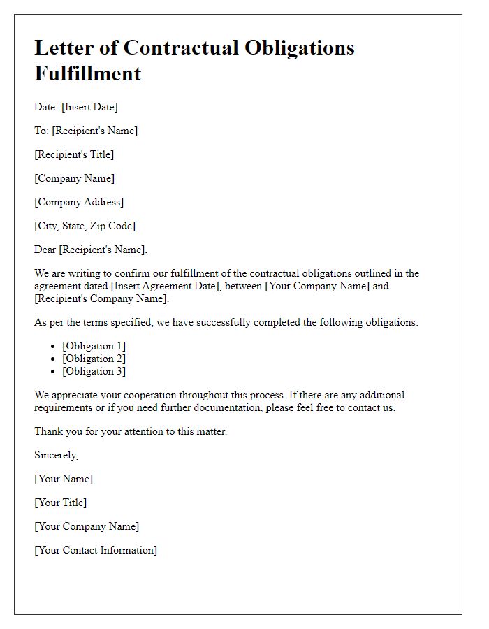 Letter template of contractual obligations fulfillment