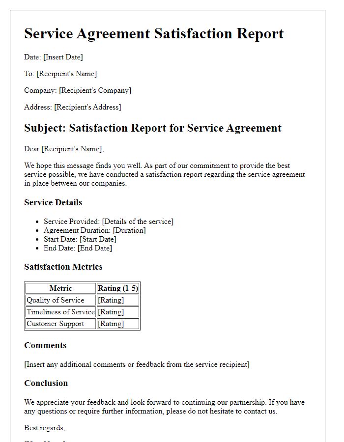 Letter template of service agreement satisfaction report