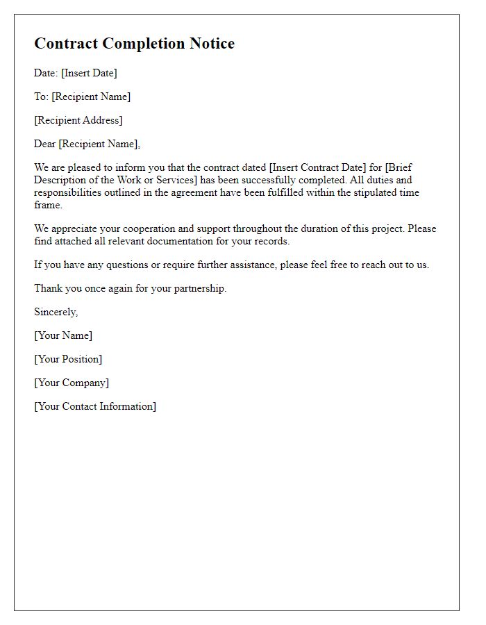 Letter template of successful contract completion notice