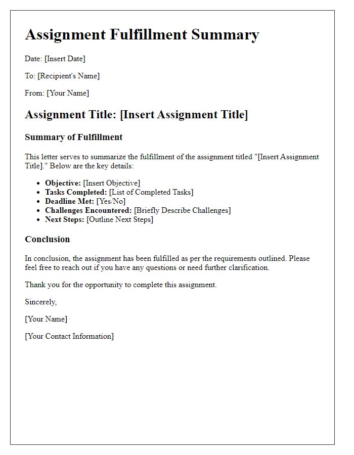 Letter template of assignment fulfillment summary