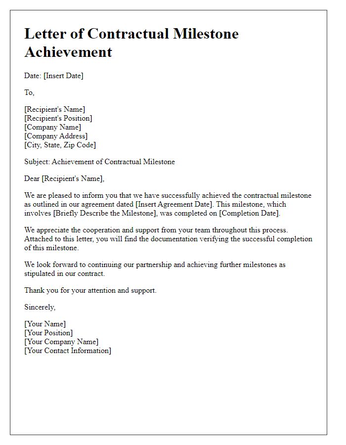 Letter template of contractual milestone achievement