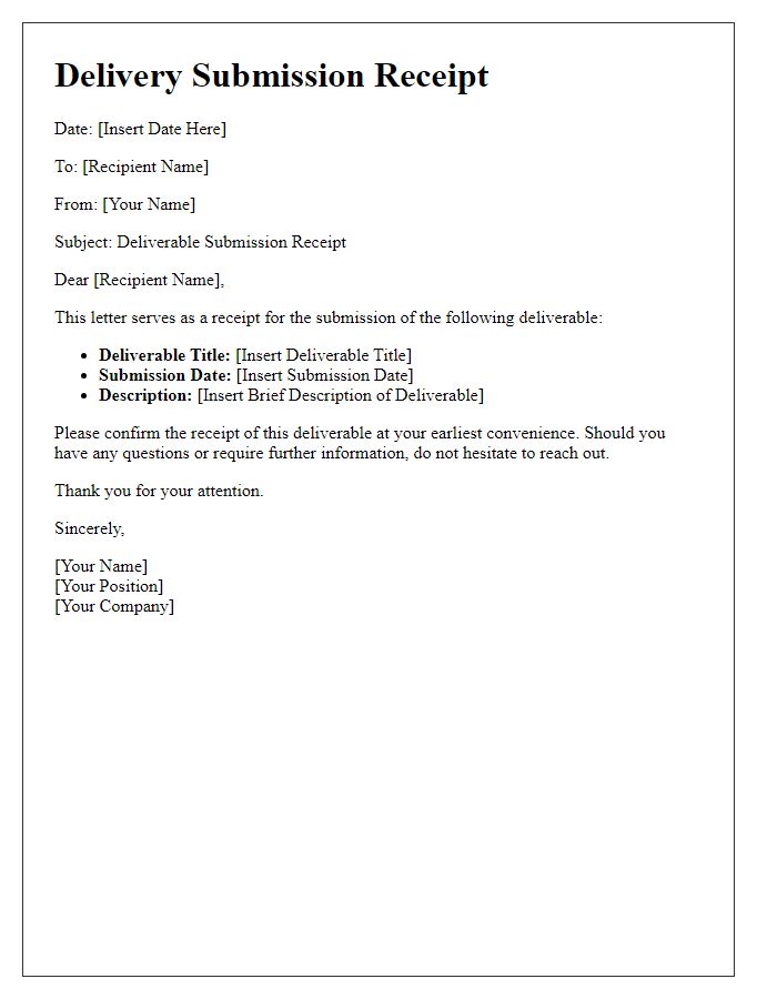 Letter template of deliverable submission receipt