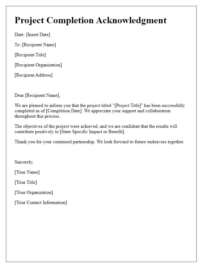 Letter template of project completion acknowledgment