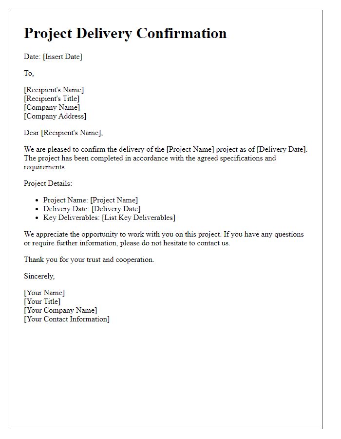 Letter template of project delivery confirmation