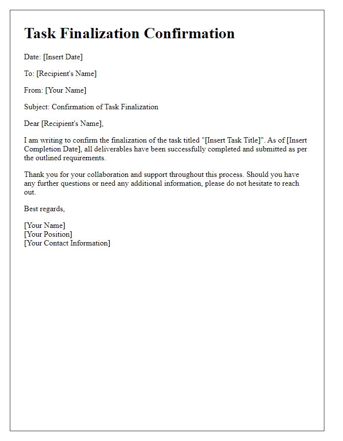 Letter template of task finalization confirmation