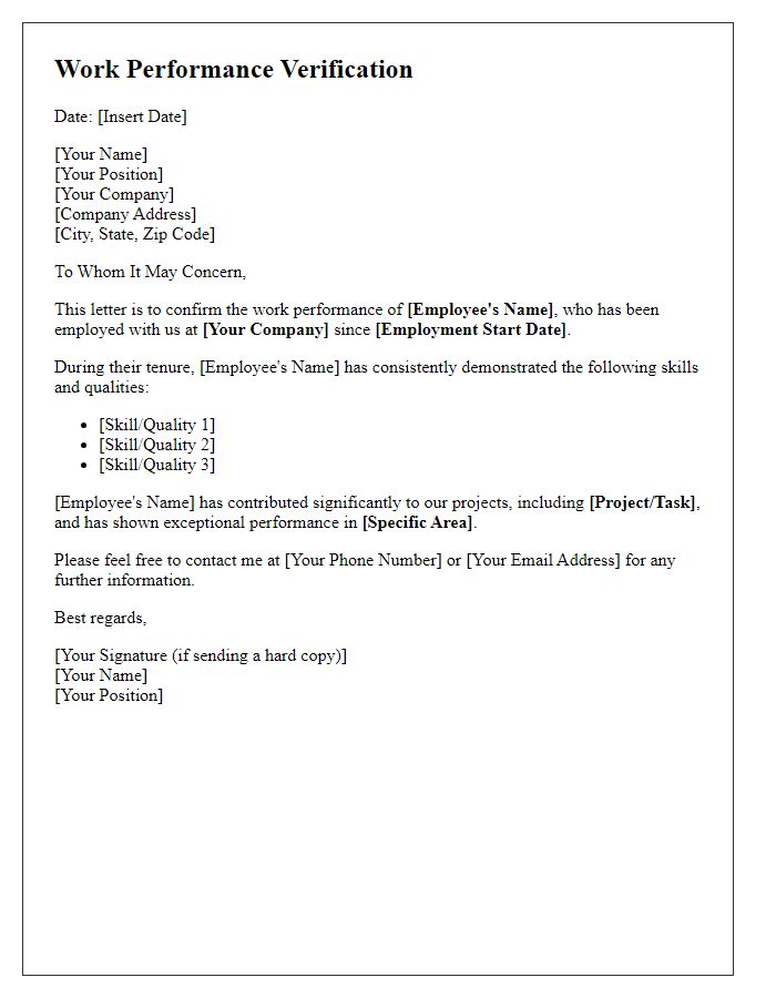 Letter template of work performance verification