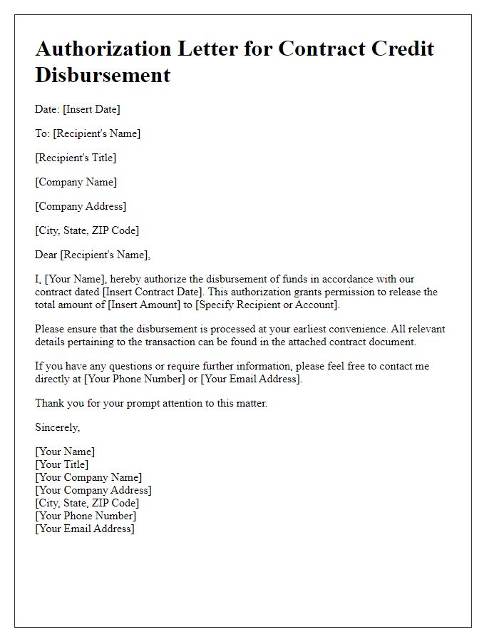 Letter template of authorization for contract credit disbursement