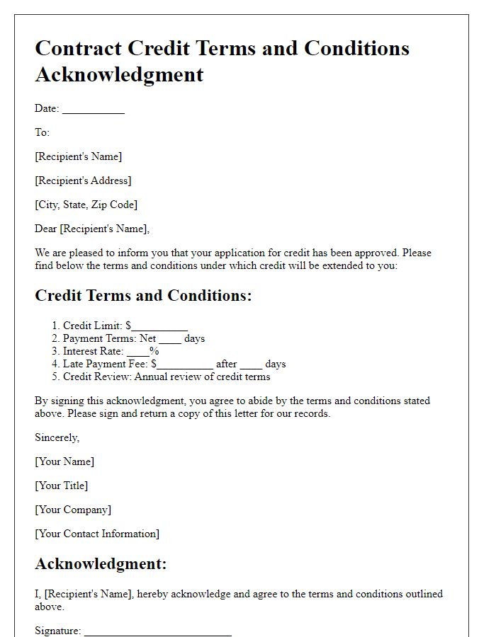 Letter template of contract credit terms and conditions acknowledgment