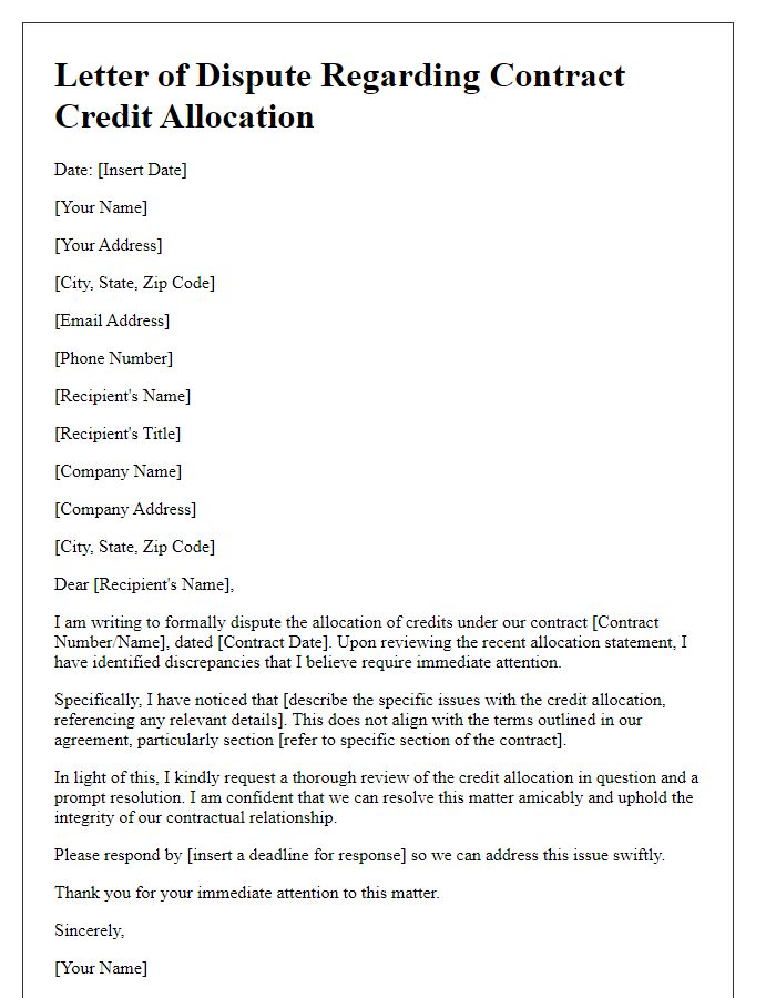 Letter template of dispute regarding contract credit allocation