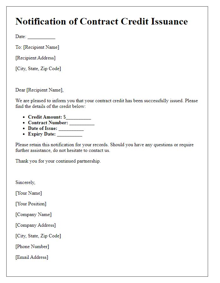 Letter template of notification for contract credit issuance