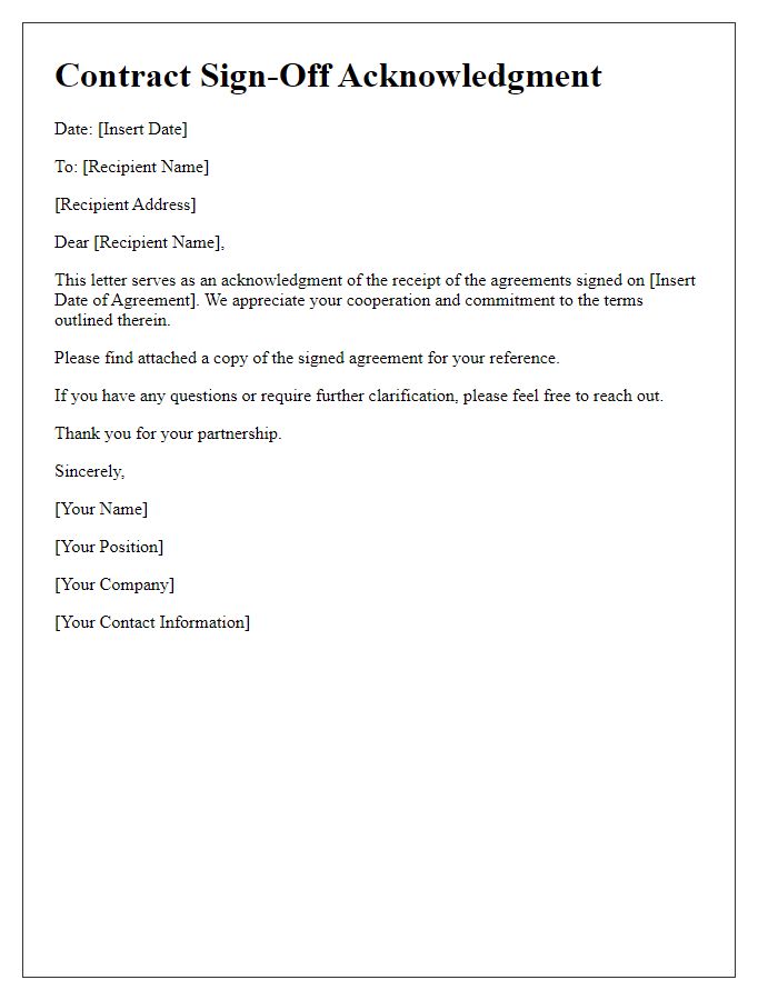 Letter template of contract sign-off acknowledgment for received agreements.